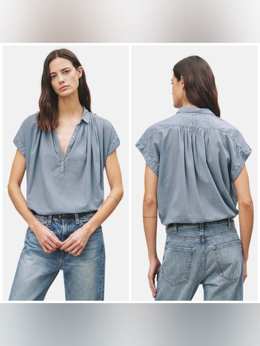 NILI LOTAN Normandy Blouse Vintage Blue XS Short Sleeve Buttons Relaxed Fit